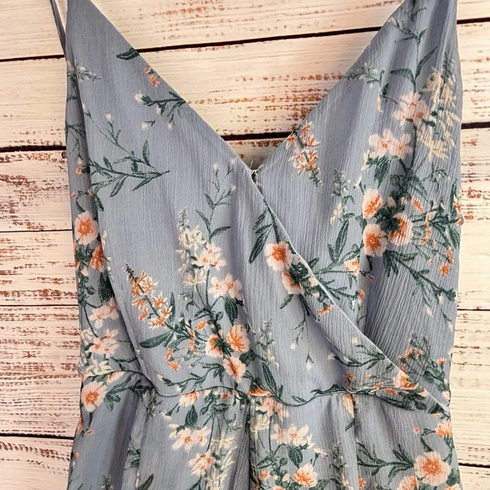 American Eagle Chiffon Romper M Blue Floral Feminine Romantic Open Back Cottage